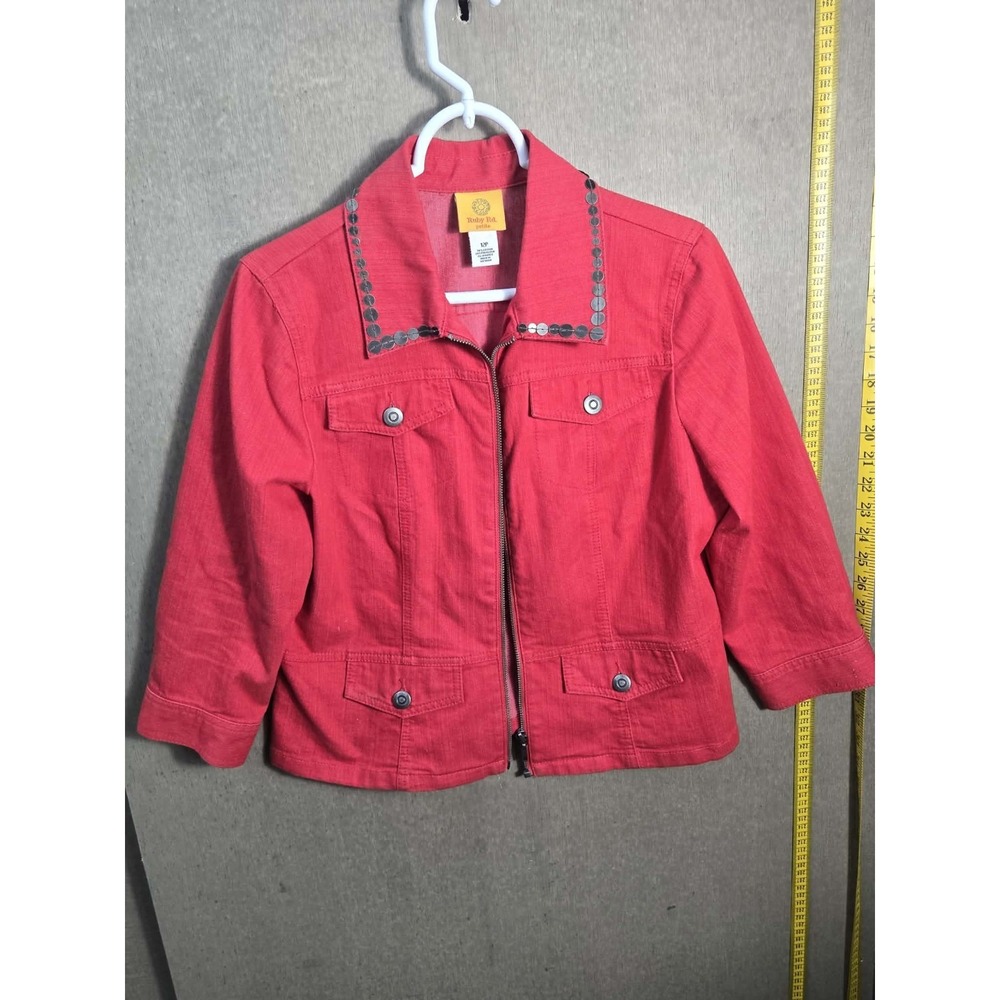 Ruby Rd Petite 12P Red Jacket Studded Collar Zip Front Women's Size 12P